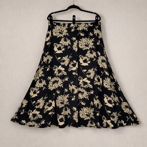 Vintage 90s Dark Floral Midi Skirt Size XL Button Front Pockets Rayon Whimsigoth